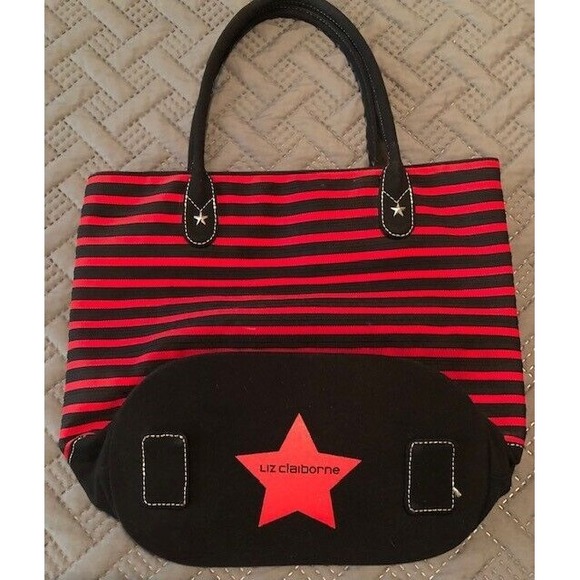 LIZ CLAIBORNE Large Tote Handbag Black/Red Striped Black Handles Zip Pocket EUC - Picture 1 of 4